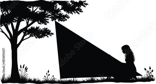 Child studying geometry under tree, right triangle silhouette, outdoor math scene, trigonometry concept, distance and height visualization, educational vector illustration