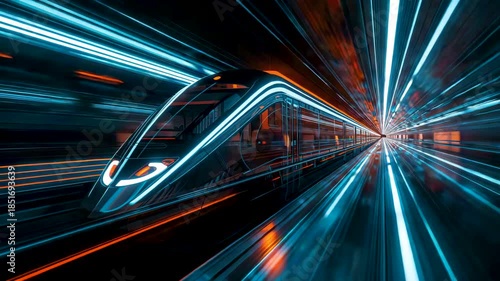 High speed futuristic train racing through illuminated tunnel with motion blur and light streaks