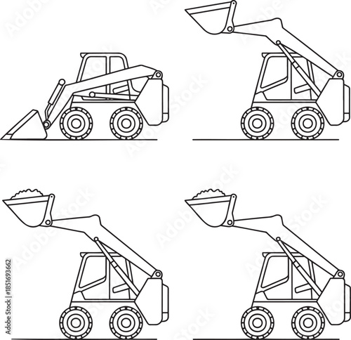 Set of Skid steer loaders Outline vector illustration isolated On Transparent Background