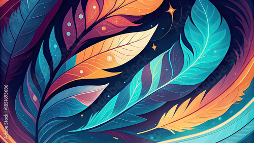 American heritage month with Indigenous Peoples' Day concept. Vibrant abstract feathers in artistic colors and design.