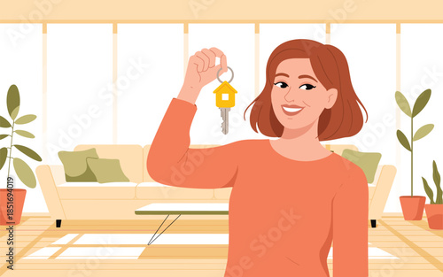 Woman holding house keys in a modern living room with plants and natural light