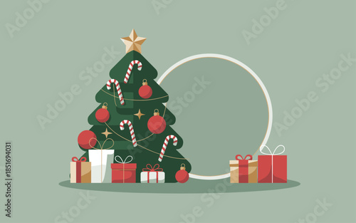 A festive Christmas tree surrounded by gifts on a plain background, viewed from the front