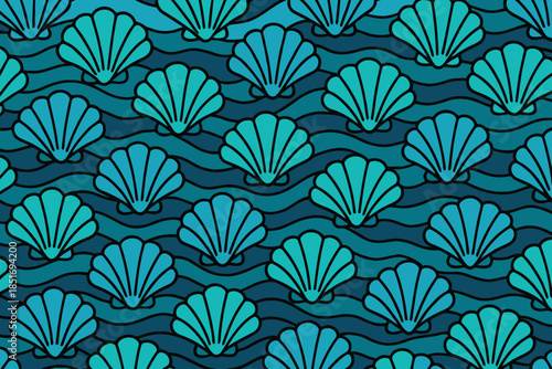Coastal seashell pattern on wavy blue ocean background