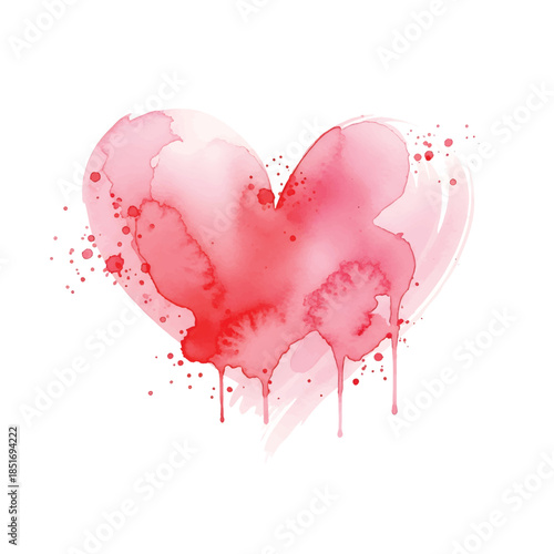 Watercolor heart with pink and red hues, splatters, and drips on a white background, conveying a romantic and artistic feel.