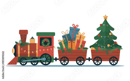 A festive train carrying Christmas gifts and a decorated tree on a winter journey