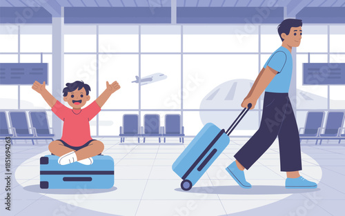 A young boy excitedly waiting for a traveler returning home at the airport terminal