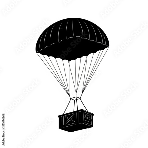 Black parachute with cargo box for landing safely