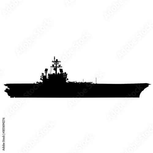Silhouette of a large warship with multiple masts and superstructures