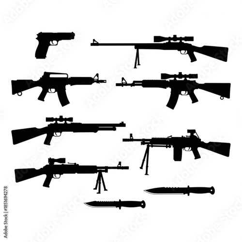 Collection of various black silhouettes of firearms and weapons