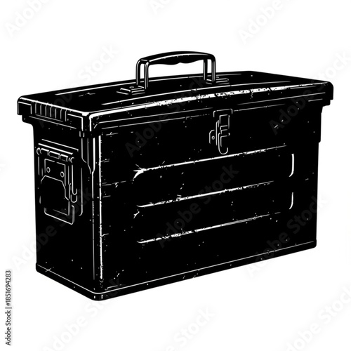 Black metal toolbox with handle on top
