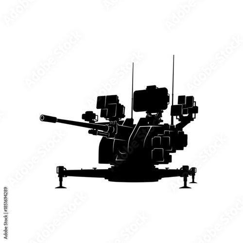 Black silhouette of a robotic military turret with guns for design and technology concepts