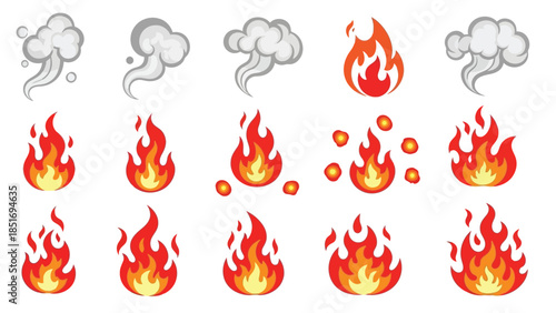 Collection of various flame and smoke icons on a white background, featuring different styles and intensities of fire and smoke.