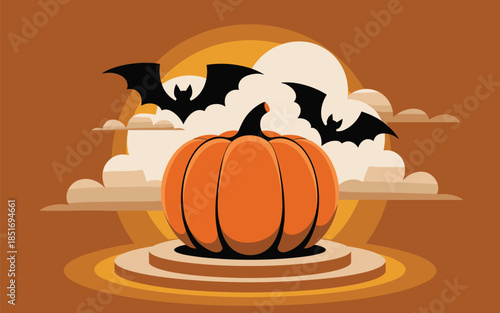 A large pumpkin on a pedestal surrounded by bats and clouds in an autumnal scene viewed from a slightly elevated perspective