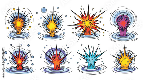 Collection of eight colorful explosion icons with dynamic lines and bubbles on a white background.
