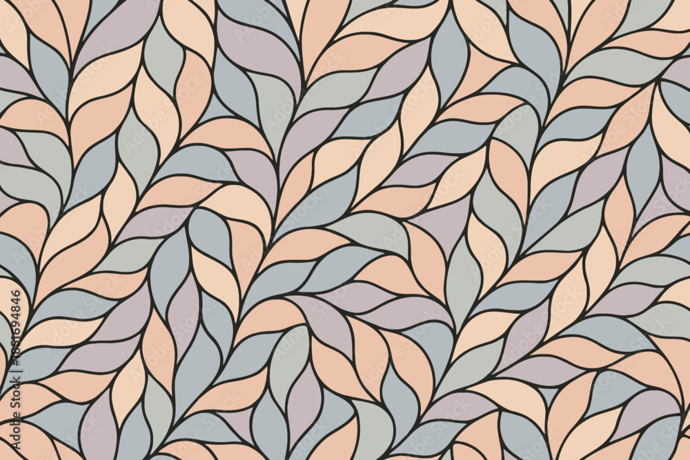 Fototapeta premium Abstract botanical pattern with intertwining pastel leaves and foliage