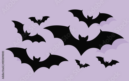 Multiple black bats flying through clouds against a purple background from a straightforward viewpoint