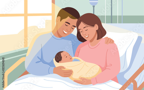Happy couple bonding with their newborn baby in a hospital bed