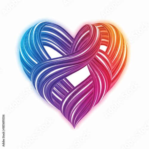 Vibrant heart-shaped design with intertwined colorful lines on a white background, conveying love and unity.