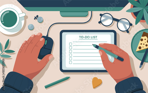 Person making a to-do list on a digital tablet with a stylus while holding a computer mouse