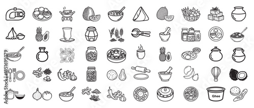 Outline icons of Indian food ingredients and dishes