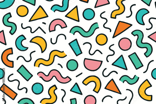Vibrant 90s Memphis style seamless pattern with geometric squiggles