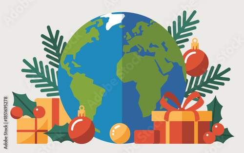 Global Christmas celebration with decorations and gifts around the world