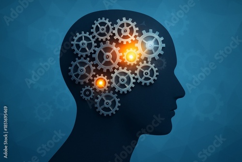 Human head silhouette with glowing gears symbolizing brain function and cognition on a blue abstract background, concept of knowledge and science education. Ai generative