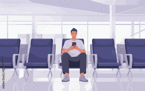 Man sitting alone in an airport waiting area using his mobile phone