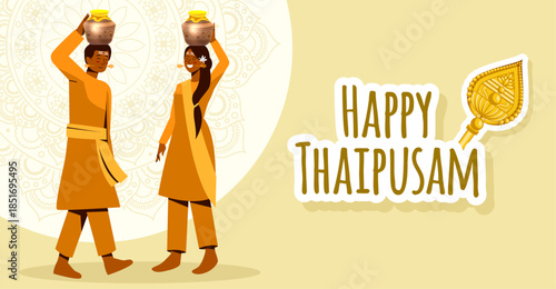 Happy Thaipusam Festival Illustration with Devotees Carrying Offerings in Traditional Indian Attire