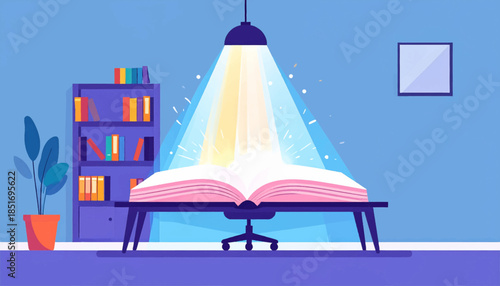 Stylized workspace with illuminated open book, bookshelf, plant, chair and picture on wall in muted blue tones