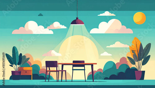 Stylized workspace with table, chairs, plants, and a bright, minimalist outdoor scene