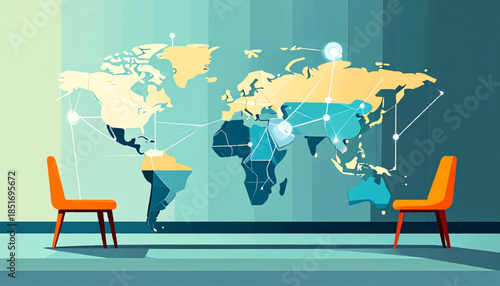 Stylized world map mural with network connections and two chairs in a modern room