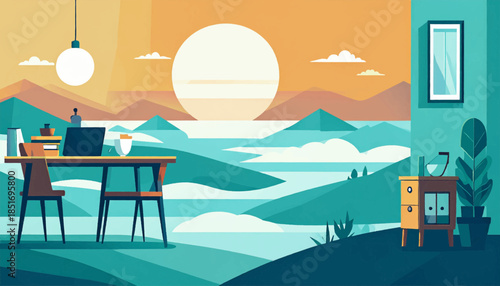 Sunny, geometric view with a desk, laptop, mountains, sky and stylized furniture, in teal, orange, and brown palette