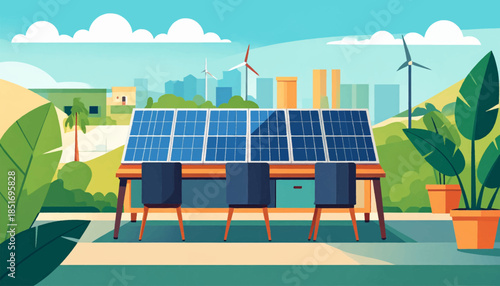 Sunny illustration Solar panels atop table, with wind turbines and city backdrop, flanked by plants