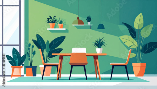 Sunny, green interior featuring a table, chairs, plants, and window