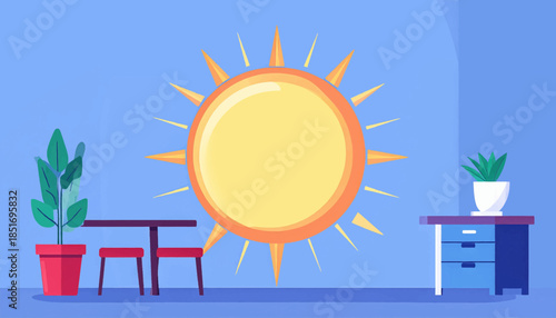 Sunny interior scene featuring plants, a table with stools, and a blue dresser against a bright blue wall