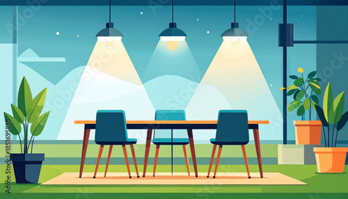 Sunny indoor meeting space with plants and large windows, chairs and table. Minimalist, painterly style