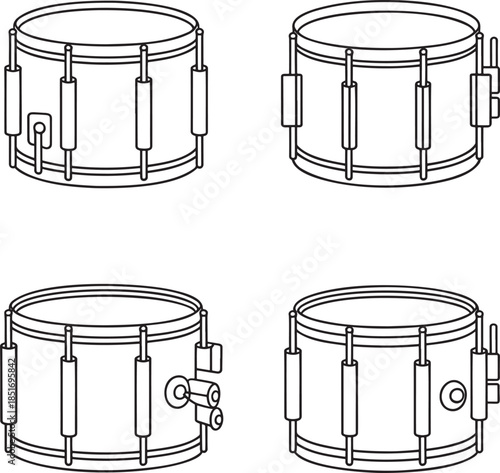Set of Snare drum Outline vector illustration isolated On Transparent Background