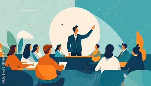 Stylized meeting scene with a presenter, attendees, and abstract background in a modern art style