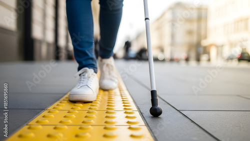 Person walking on tactile paving with a white cane