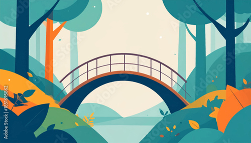 Stylized, minimalist landscape featuring a bridge spanning a river, framed by trees and abstract foliage