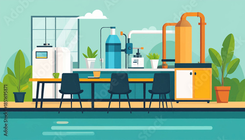 Sunny lab interior featuring lab equipment, chairs, a table, and greenery, with a blue floor and light green walls