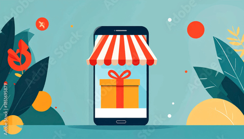 Stylized mobile phone with an awning and gift displayed, surrounded by colorful, abstract shapes and foliage