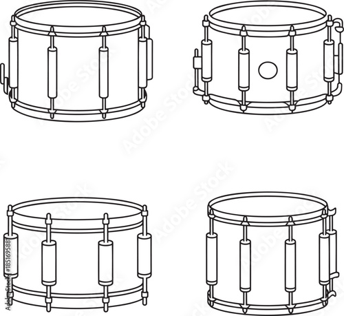 Set of Snare drum Outline vector illustration isolated On Transparent Background