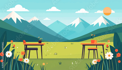 Sunny meadow illustration with stylized mountains, tables, chairs, and flowers in a bright, clean design