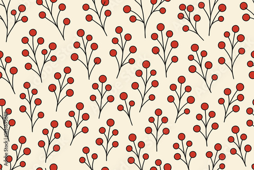 Minimalist red winter berry branch seamless pattern on beige