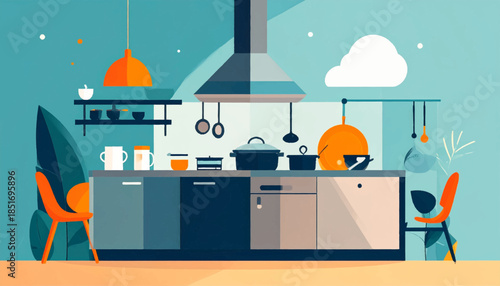 Stylized, modern kitchen scene with cabinets, chairs, hanging pots, and simplistic design elements