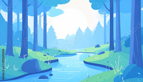 Stylized, monochromatic illustration of a river winding through a forest with soft light and gentle shadows
