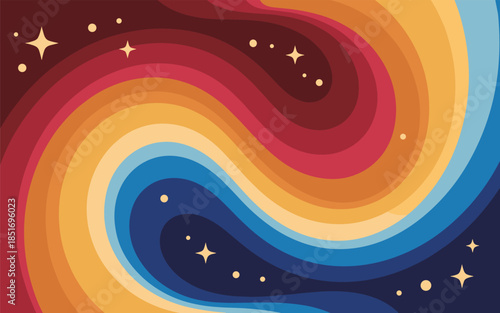 Vibrant swirling shapes and stars in a colorful abstract illustration viewed from a dynamic perspective