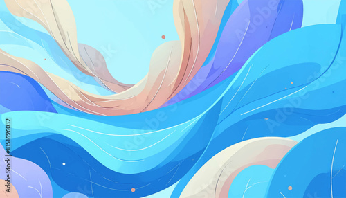 Swirling hues of blue, beige, and purple create a dreamy, flowing abstract background with leaf-like shapes